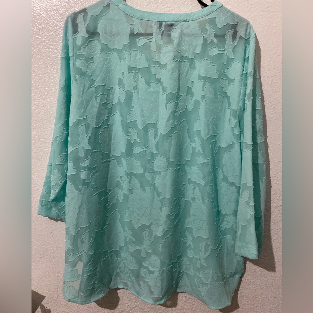 Van Heusen Mint Floral Lace-Overlay V-Neck blouse. - Picture 4 of 5
